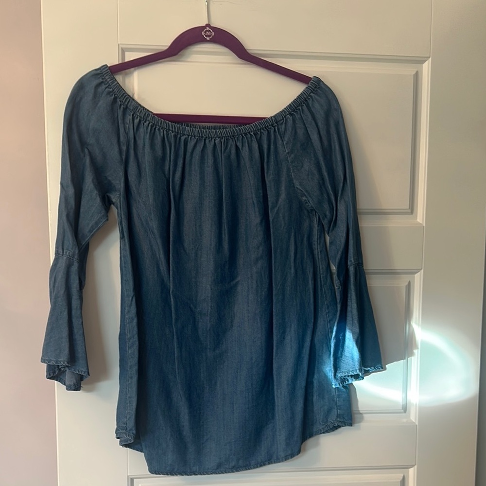 beachlunchlounge Denim Blue Off-Shoulder Blouse